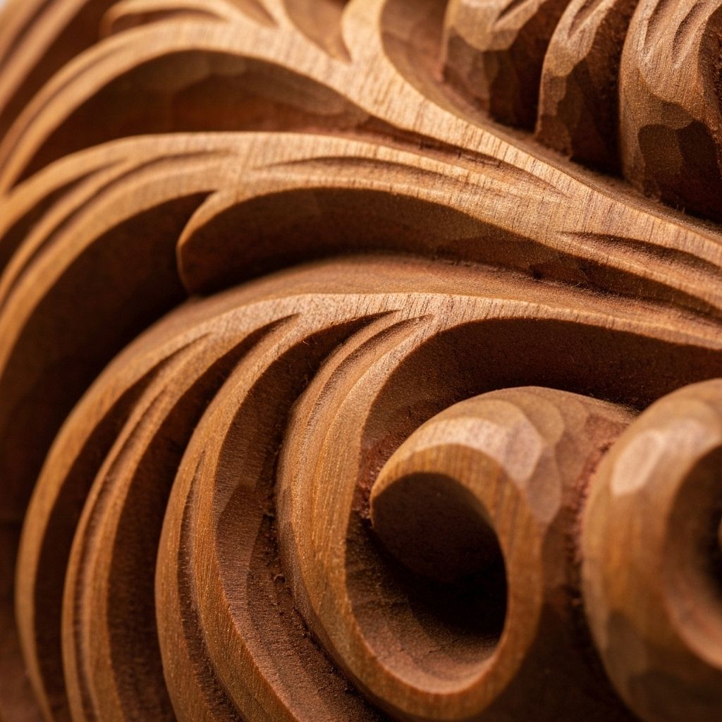 Close-up of artisan wood carving with traditional tools