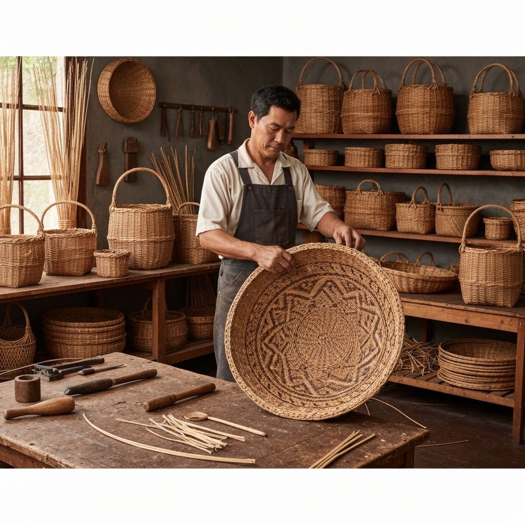 Handwoven rattan baskets in artisan workshop